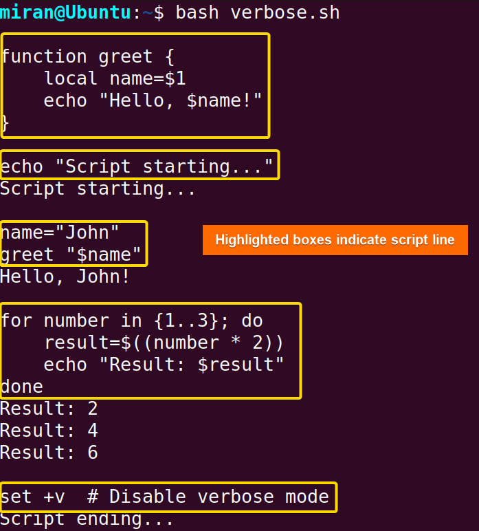 Output image after Enabling Verbose Mode Using “set -v” Command in Bash