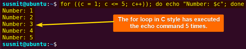 The for loop in C style has executed the echo command 5 times.