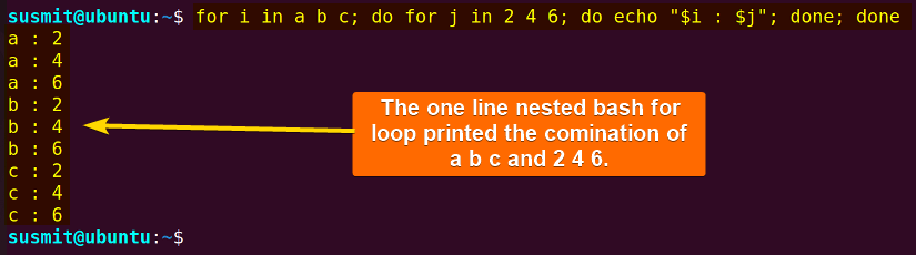 One line nested for loop printed combination of a, b, c and 2, 4, 6.