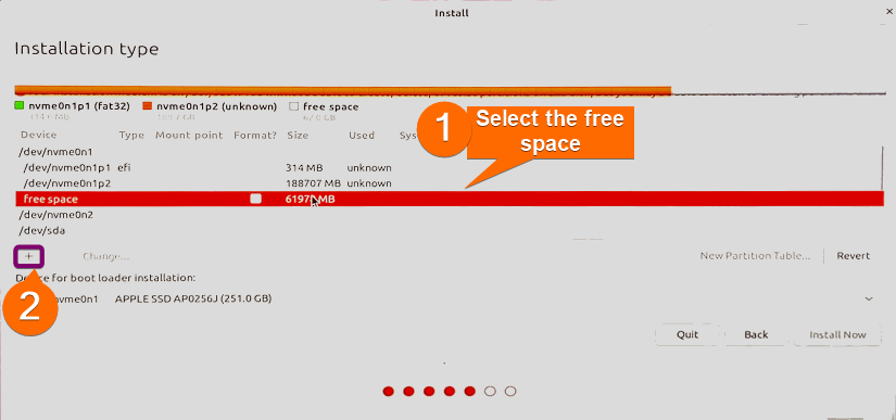 Selected free space for EFI partition