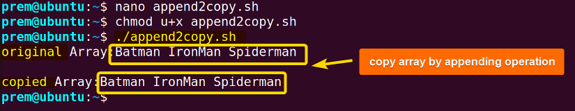 append to array and copy the array in Bash