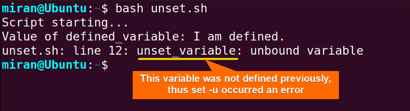 Output image after Checking Unset Variable using “set -u” in Bash