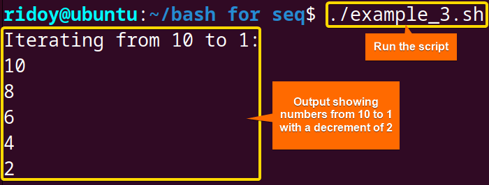 Reverse Sequential Number Ranges to print all even number from 10 to 1 using the seq command
