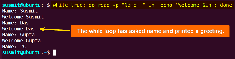 The while loop has taken input from user and printed a greeting. 