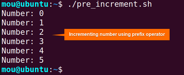 incrementing number using prefix operator in a bash while loop