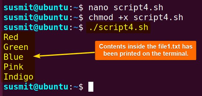 The contents inside the file1.txt has been printed on the terminal.