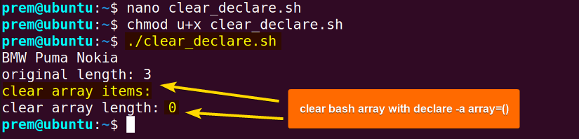 declare to clear bash array