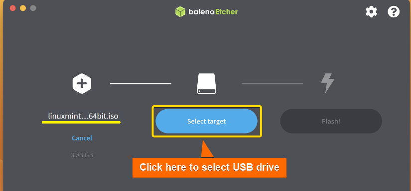 Clicking on select target to select USB drive