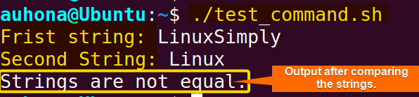 Check Bash if string equals using "test" command.