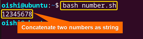 Two numbers are concatenated using command substituition