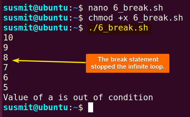 The break statement stopped the infinite loop.