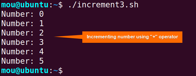 incrementing number using + operator in a bash while loop