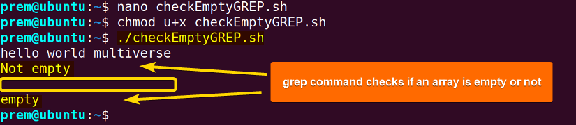 Check an empty array using grep command
