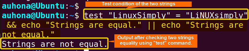 Check Bash if string equals in on line using test command, and "&&" and or "||" operator.