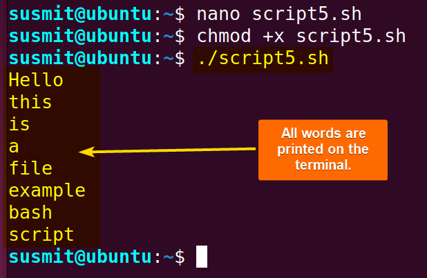All words are printed separately on the terminal.