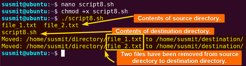 For loop in Bash directory has removed two files from source directory to destination directory.
