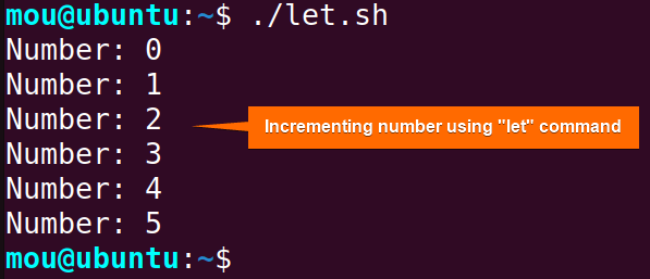 incrementing number using let command within a bash while loop