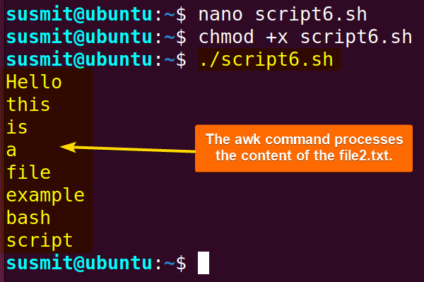 The awk command processes the content of the file2.txt with for loop.