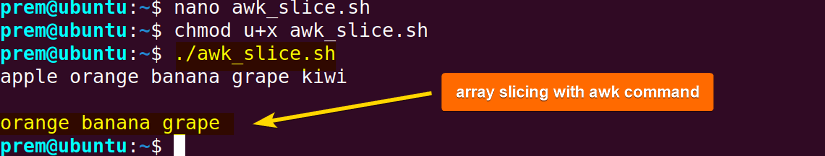 awk command slices a array in Bash