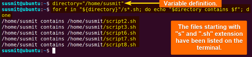 Files having name starts with s and ends with .sh are printed on the terminal.