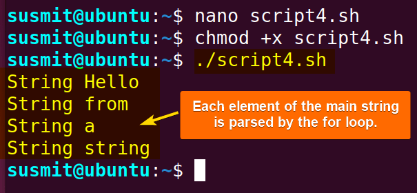 Each element of the main string is parsed by the for loop.