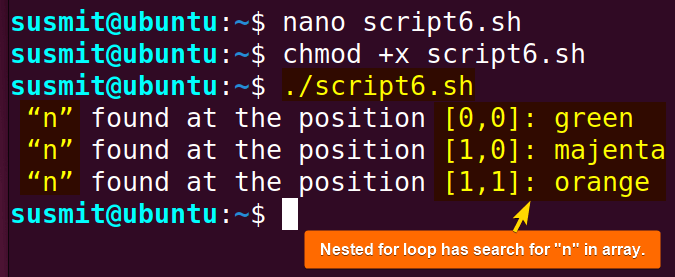 The nested for loop searches for n in the array elements.