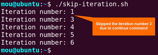 skipping iteration with continue command in while loop
