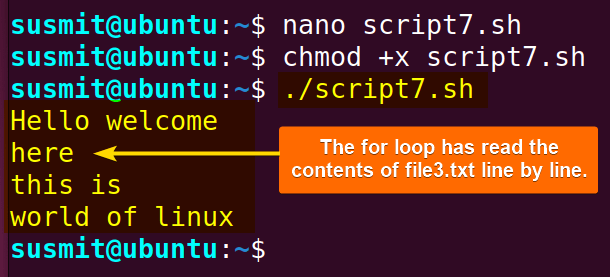 The for loop has read the contents of file3.txt line by line.