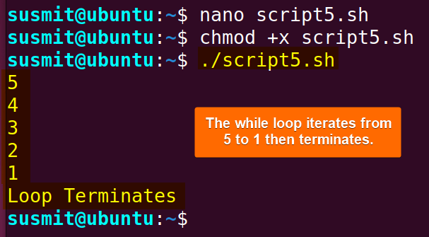 The while loop iterates from 5 to 1 then terminates.