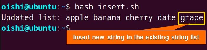 Insert a string in a list in bash 