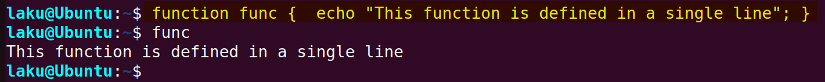 Single line command defined in terminal using function keyword