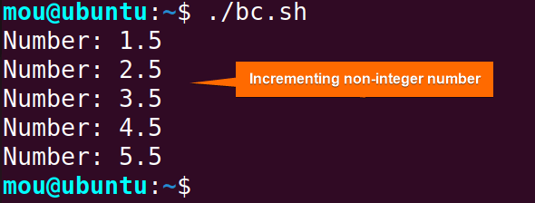 incrementing non-integer number using bc command in a while loop