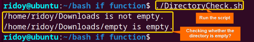 Check whether a directory is empty using bash if conditional statement within function