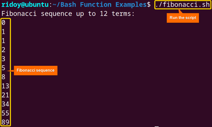 generating Fibonacci Sequence Using Bash Function