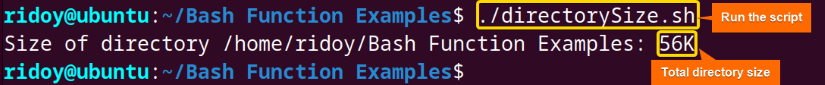 check total size of a directory using the du command in bash function
