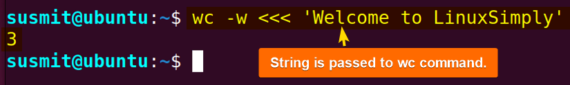 A string is passed to the wc command with here string.