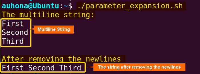Bash remove newline from string using parameter expansion.