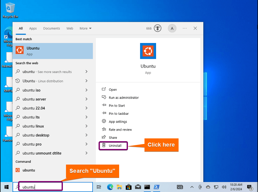 Search ubuntu in the start menu