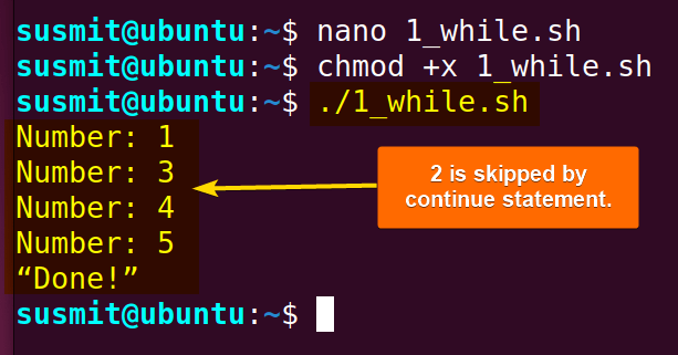 2 is skipped by continue statement in bash while loop.