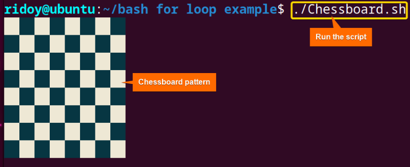 generate chessboard pattern using the bash for loop
