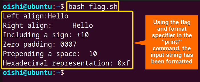 Format string in bash using specifier and flags