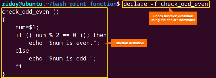 print the shell function definition using the declare command