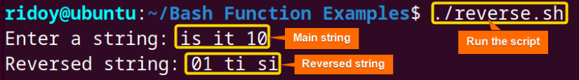 reverse a string using bash function