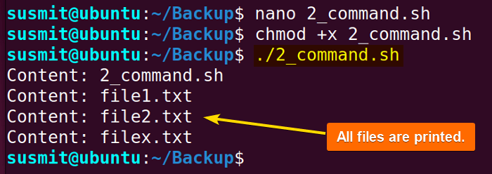 All files are listed using command substitution in bash while loop with continue statement.