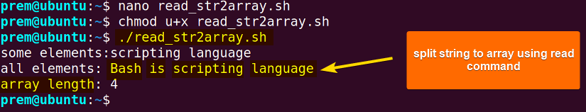 read command to conver t string to array