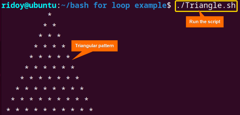 generate pyramid pattern using the bash for loop