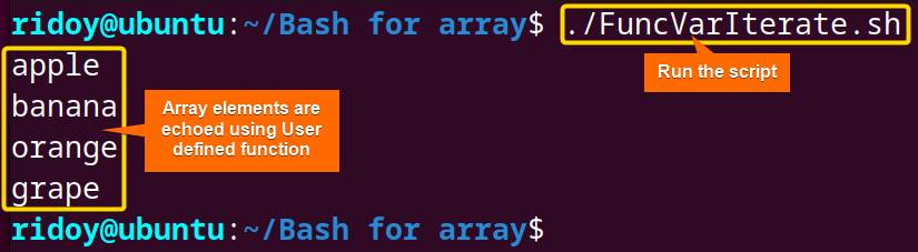 the user-defined function iterates over the elements of an array using a for loop and echoes them into the terminal