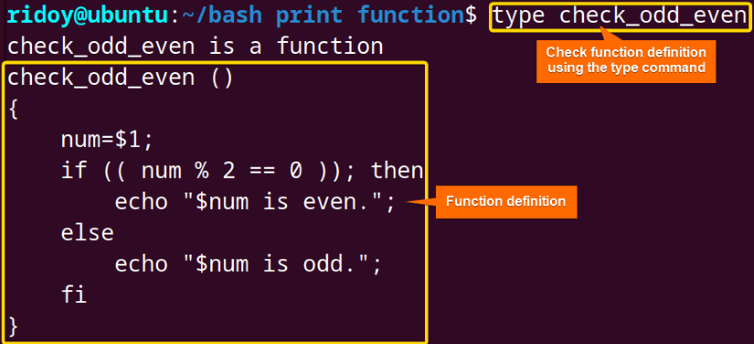 print the shell function definition using the type command