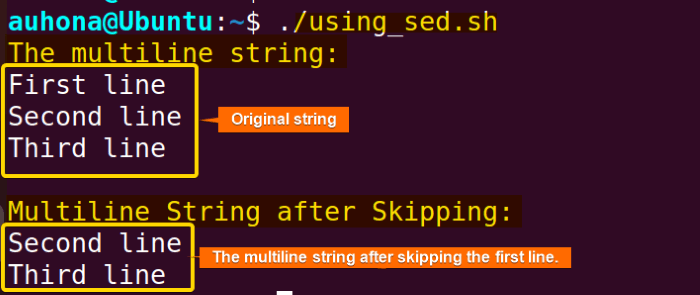 Use the "sed" command to skip the first line of multiline string in Bash.
