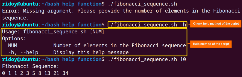 In bash scripting add the help method within a function using "if" statement